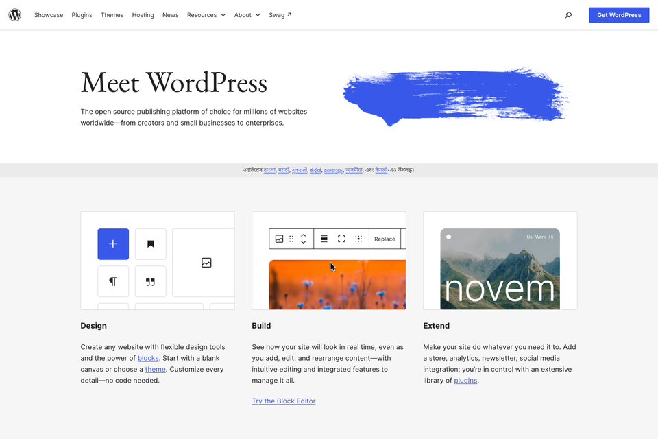 The WordPress.org homepage showing its design, build and extend sections.